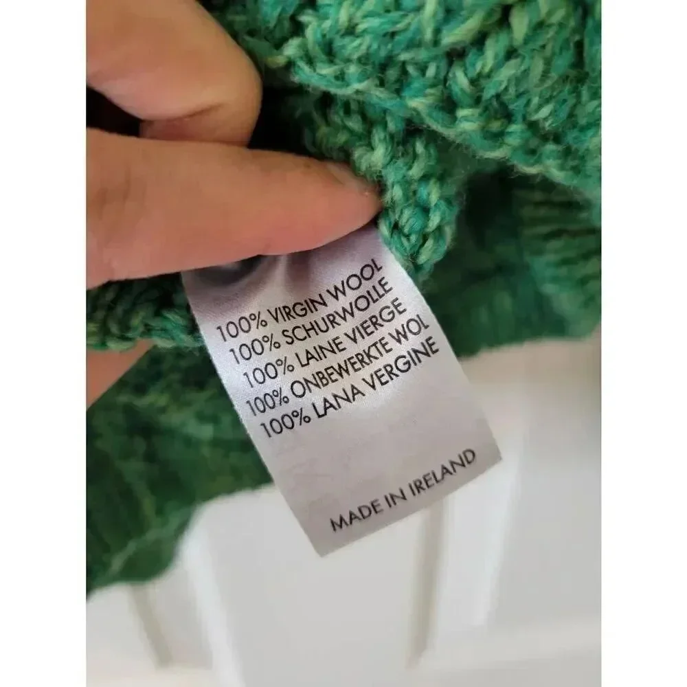 Irelandseye knitwear Primrose A-Line Cable Round Neck Sweater Green Marl L NWT $